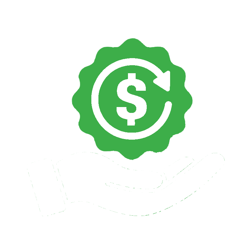 Hand holding a money back guarantee badge