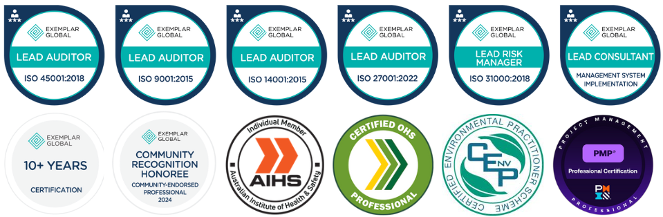 Raphael La Marra qualification badges: Exemplar Global Lead Auditor, Certified OHS Professional, CEnvP and PMP
